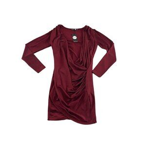 NWT BooHoo Burgundy Long Sleeve Ruched Bodice Dress - 10